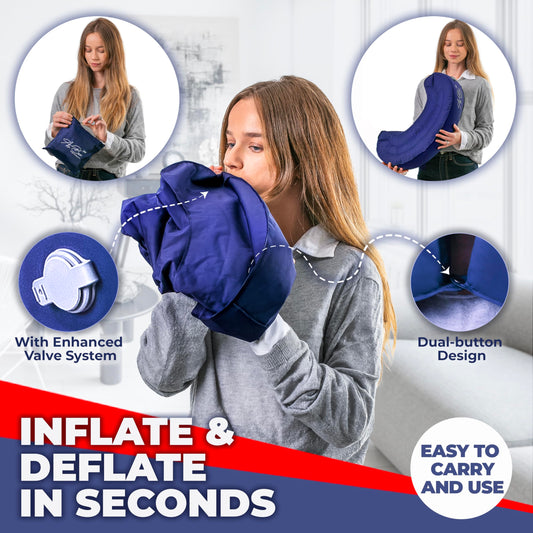 Air Bow Comfortable Travel Pillow - Airplane Pillow for Head, Neck, & Chin Rest, Inflatable & Soft Neck Pillow - Durable Material with Hygienic & Washable Cover, Easy to Inflate & Deflate (Blue)