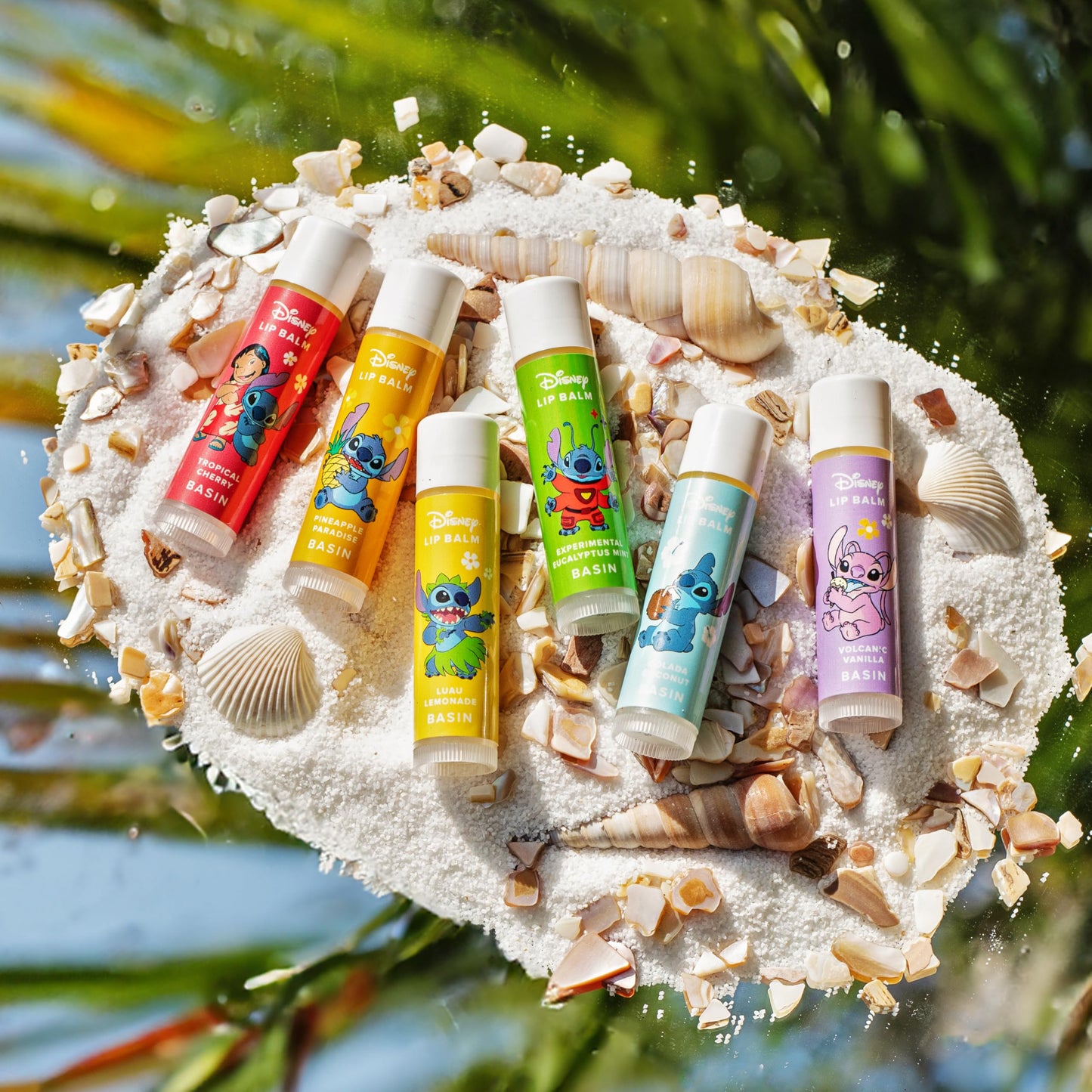 Basin Disney Stitch Lip Balm Collection | 6 Pack Tropical Flavors (Pineapple Paradise, Colada Coconut & More) | Organic Island-Inspired Gift Set, Official Disney, Made in USA