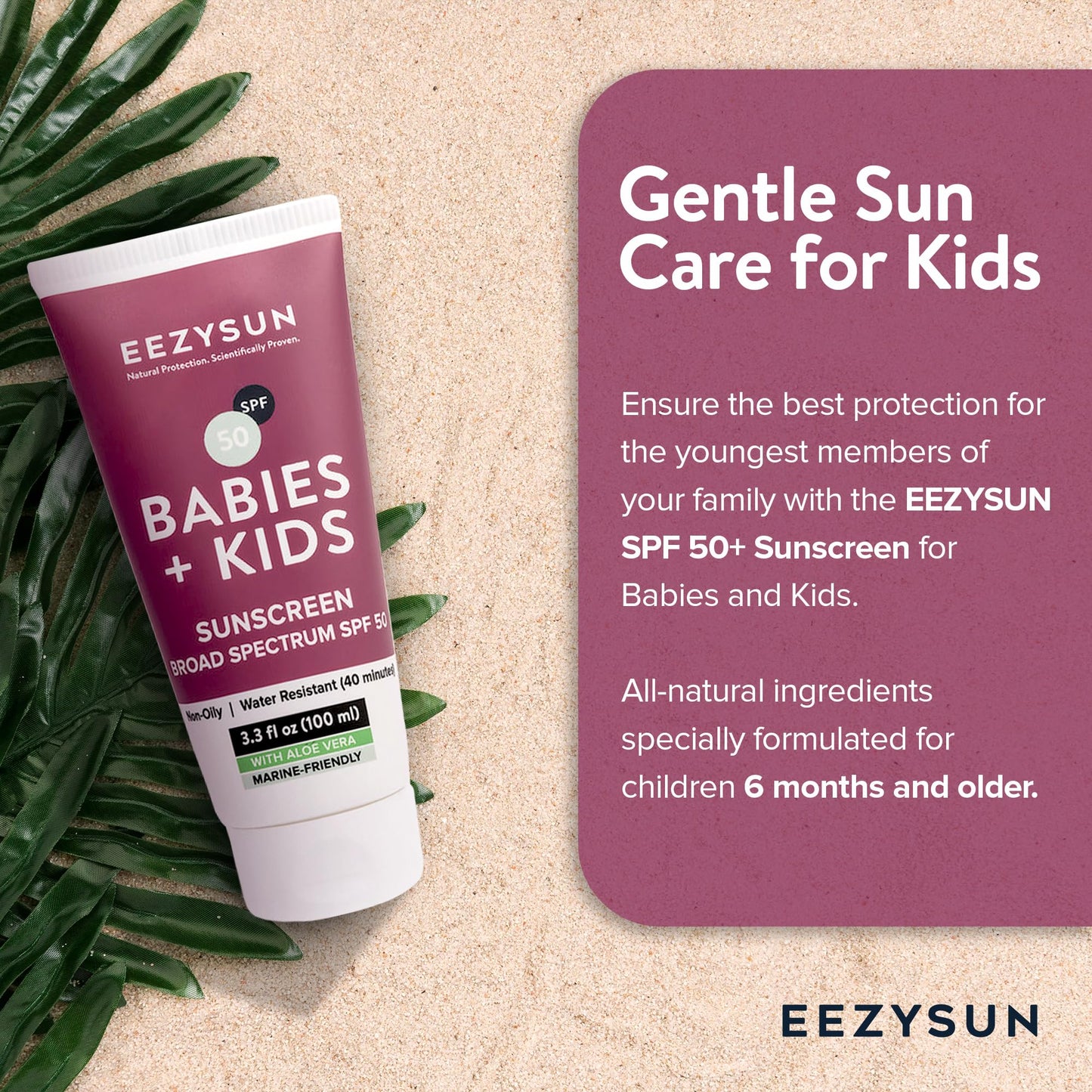 EEZYSUN Babies & Kids SPF 50 Mineral Sunscreen | Dermatologically Tested for Sensitive Skin | Contains Aloe Vera | Sweat/Water Resistant | Cruelty-Free | Reef-Safe | Travel Size - 3.3 FL OZ