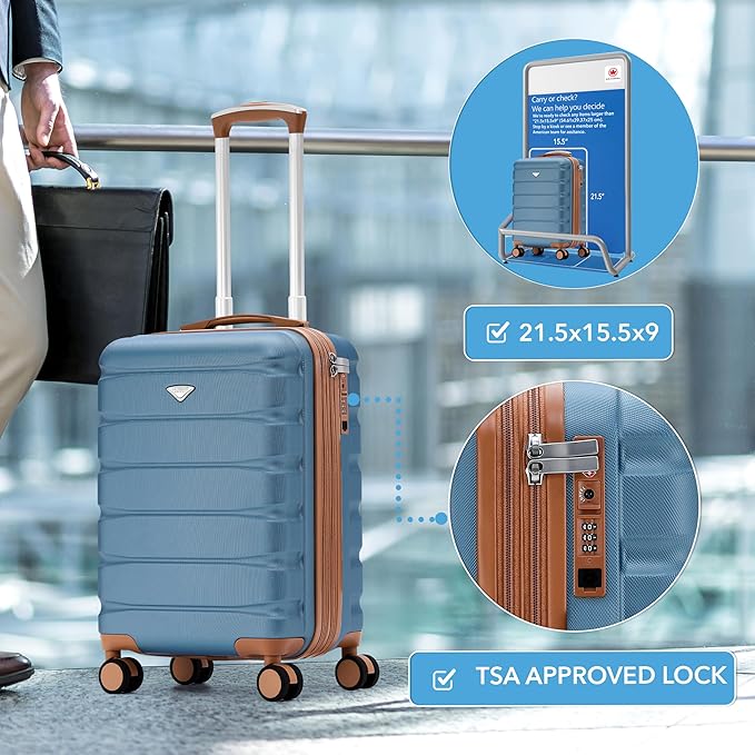 Carry On Suitcase Hardside TSA Lock & USB Port Silent Double Spinner Wheels Maximum Carry-On Bag For Canada Air Approved Airlines( 21.5x15.5x9" ,Blue/Tan )