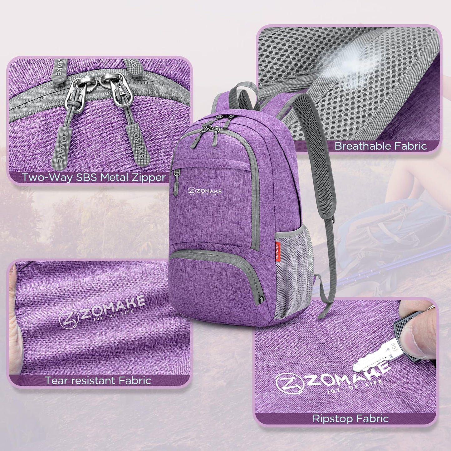ZOMAKE Ultra Lightweight Packable Backpack 20L,Small Foldable Backpacks Hiking Water Resistant Collapsible Daypack for Women Men(Light Purple-C2)