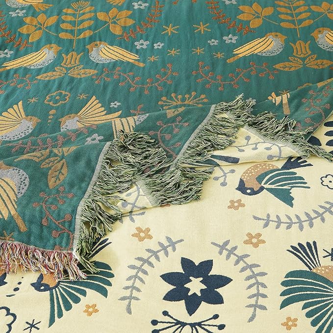 Boho Throw Blanket for Bed 100% Cotton Ultra Soft Rustic Quilt Queen Blanket Bird Floral Printed Farmhouse Decor Large Fall Bed Blankets,90"×98" All Season Rustic Throw for Sofa Couch Chair