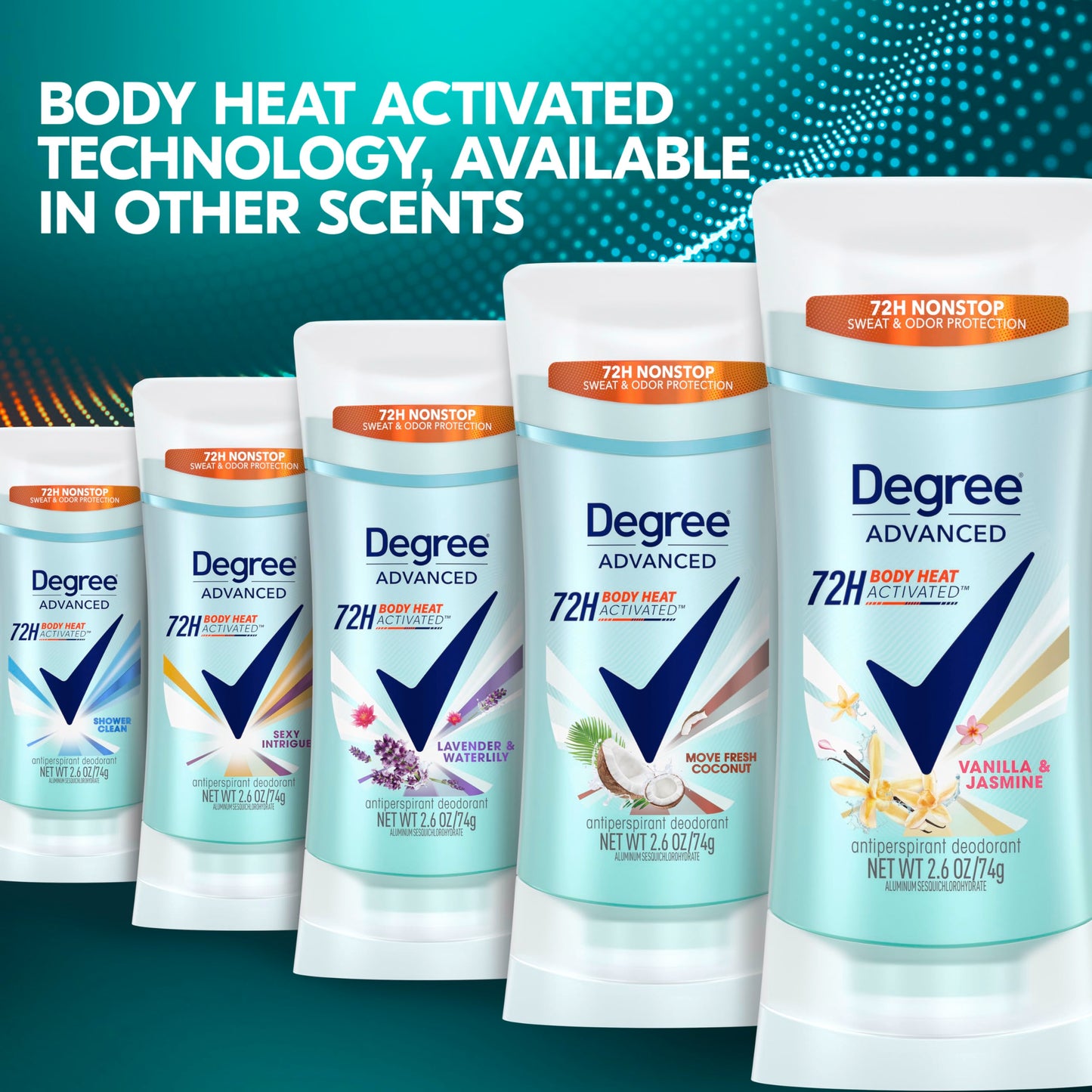 Degree Advanced Protection Antiperspirant Deodorant Vanilla & Jasmine for 72-Hour Sweat & Odor Control for Women, with Body Heat Activated Technology, 2.6 oz
