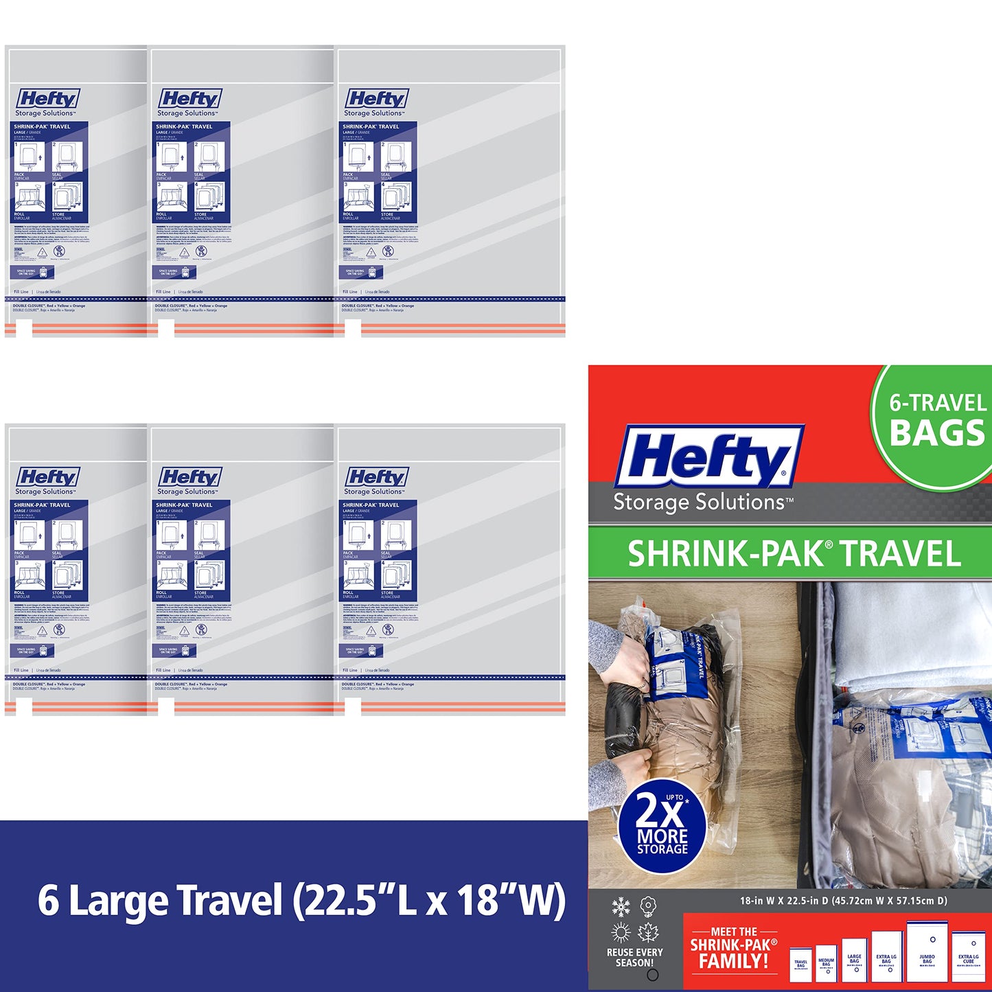 Hefty Shrink-Pak Large Travel Bags - Airtight Storage Bags for Maximum Space Saving, Travel Essentials, Ideal for Packing, Durable, Reliable Compression with Sealed Protection