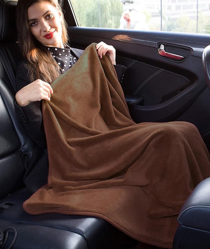 BlueHills Premium Soft Travel Blanket Pillow Airplane Blanket Soft Bag Pillow case with Hand Luggage Belt and Backpack Clip Compact Pack Large Portable Throw Air Plane Flight Travel (Brown T009)