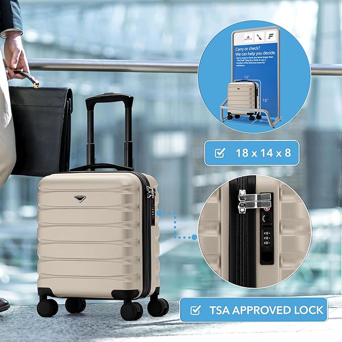 Carry On Suitcase Hardside Built In TSA Lock & USB Port Silent Double Spinner Wheels Maximum Underseat Carry-On Bag For American & United Approved Airlines( 18x14x8" ,Champagne )