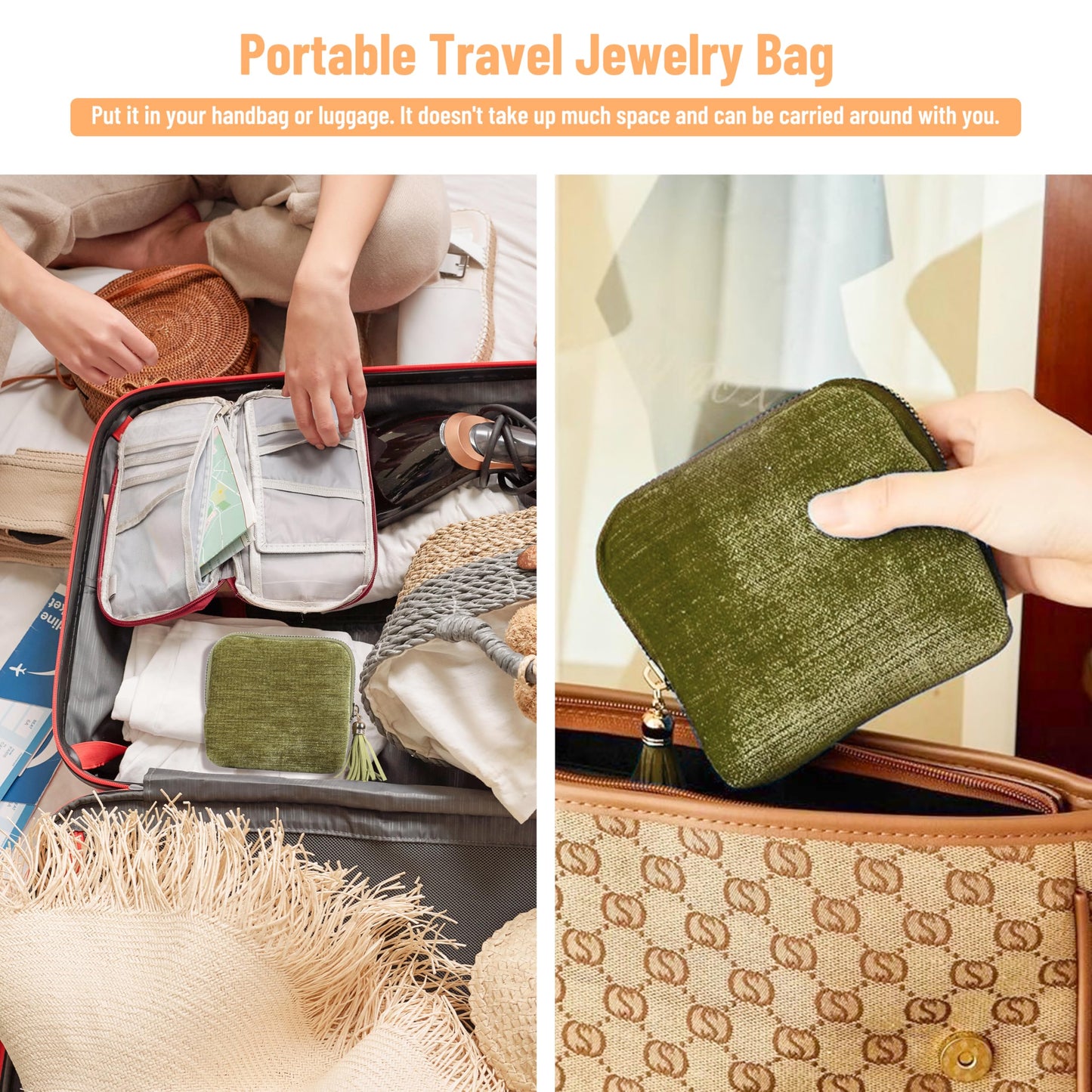 LOTOFUN Jewelry Organizer Case for Travel: 5-Layer Velvet Zipper Pouch Bag for Bangles Link Bracelets Storage Protect from Tangle Scratch (Avocado Green)