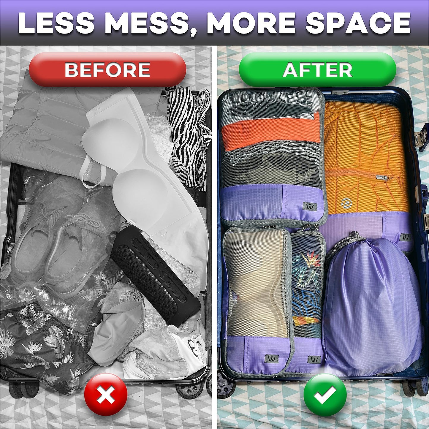 12 Pc Set Compression Packing Cubes - WONGLE His and Hers Family Travel Organizer Compressible Packing Cubes for Suitcases, Luggage Organizer Bags, Travel Accessories, Shoe Bag (Purple/Grey)