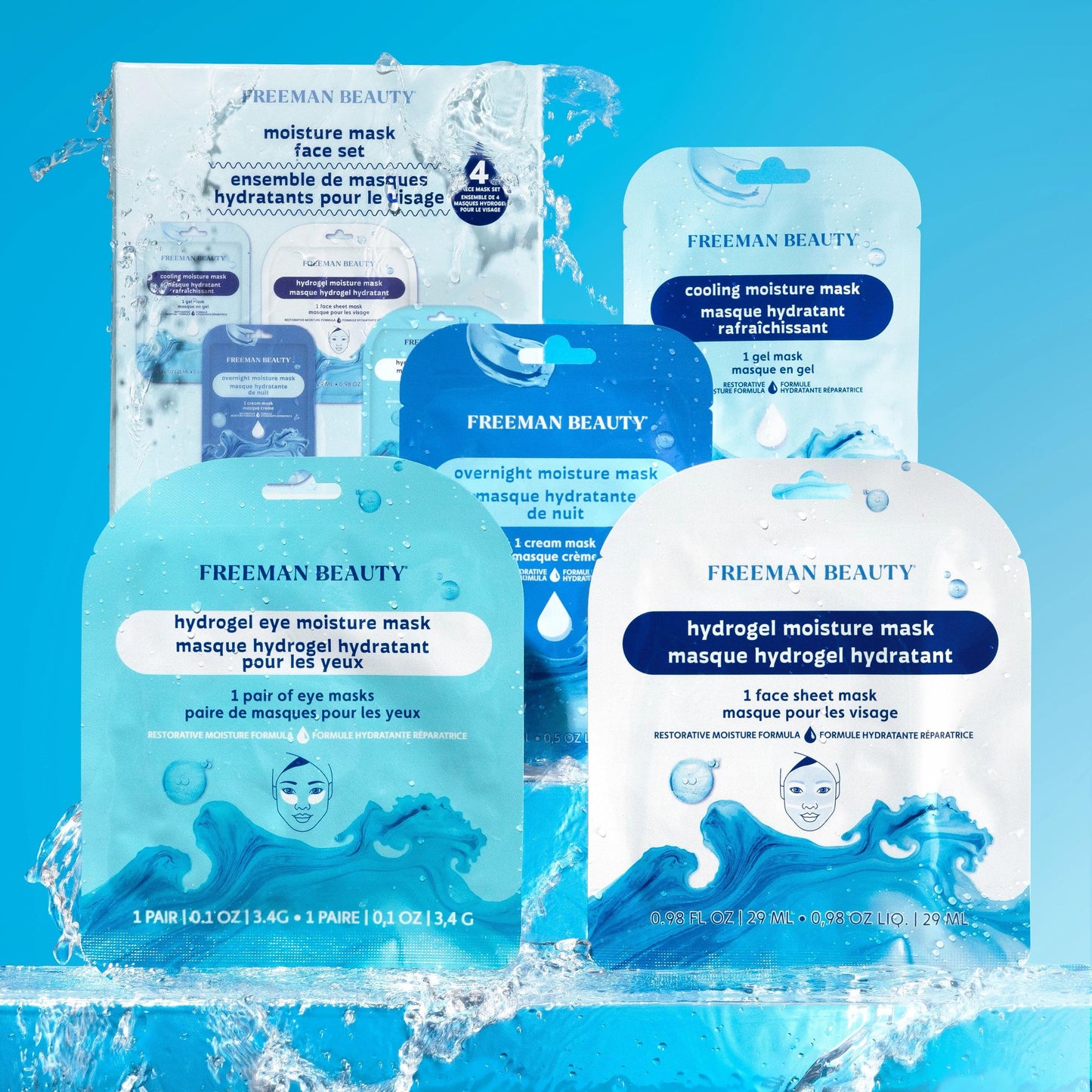 Freeman 4 Piece Moisture Mask Face Set, Hydrating Face Masks & Under Eye Mask For Puffy Eyes, Hydrogel Masks For Dry Skin, Hyaluronic Acid, Travel-Friendly, Vegan & Cruelty Free Skincare