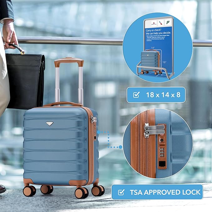 Carry On Suitcase Hardside Built In TSA Lock & USB Port Silent Double Spinner Wheels Maximum Underseat Carry-On Bag For American & United Approved Airlines( 18x14x8" ,Blue/Tan )
