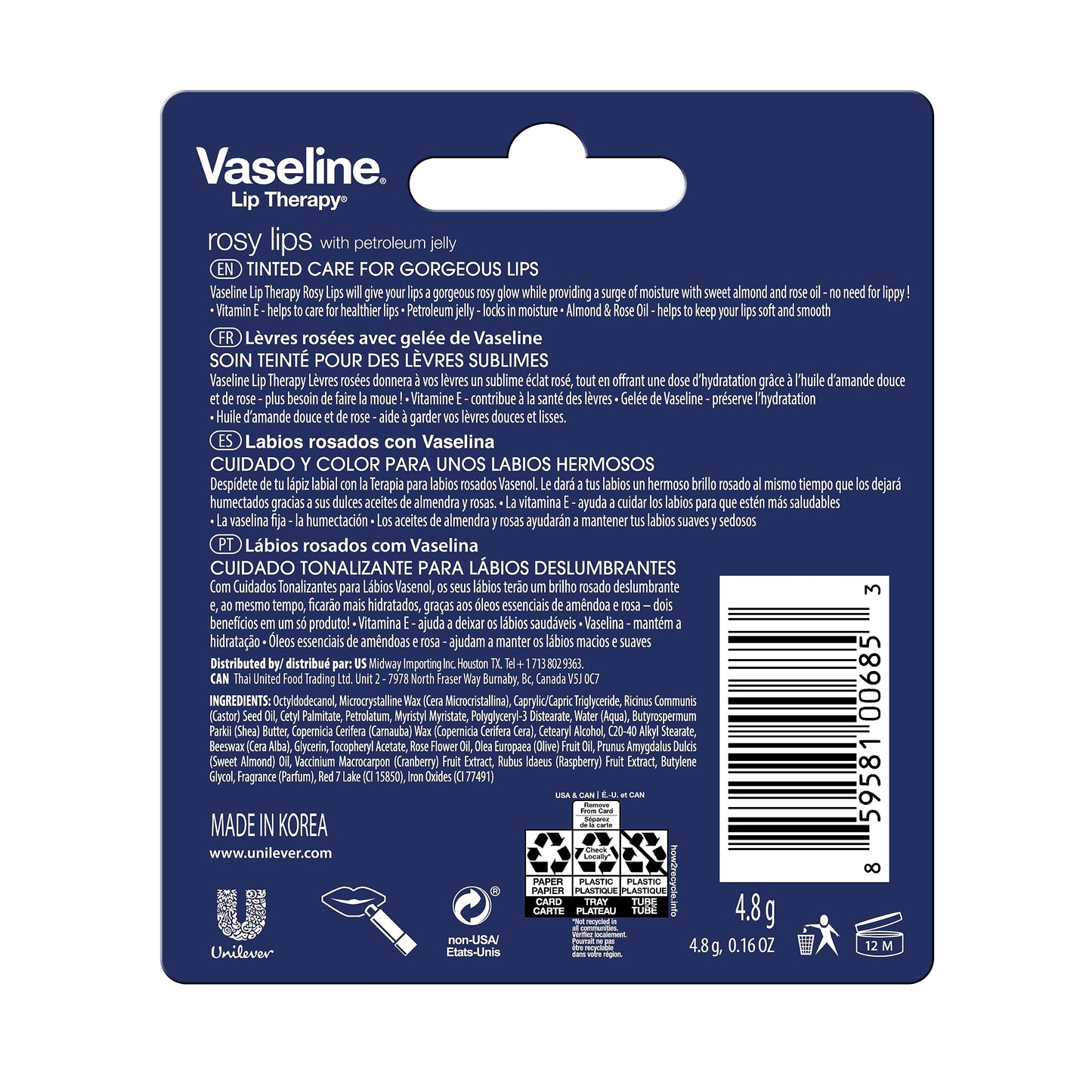 Vaseline Lip Therapy Care Rosy, Fast-Acting Nourishment, Ideal for Chapped, Dry, Cracked, or Damaged Lips, Lip Balm, 4-Pack, 0.16 Oz Each
