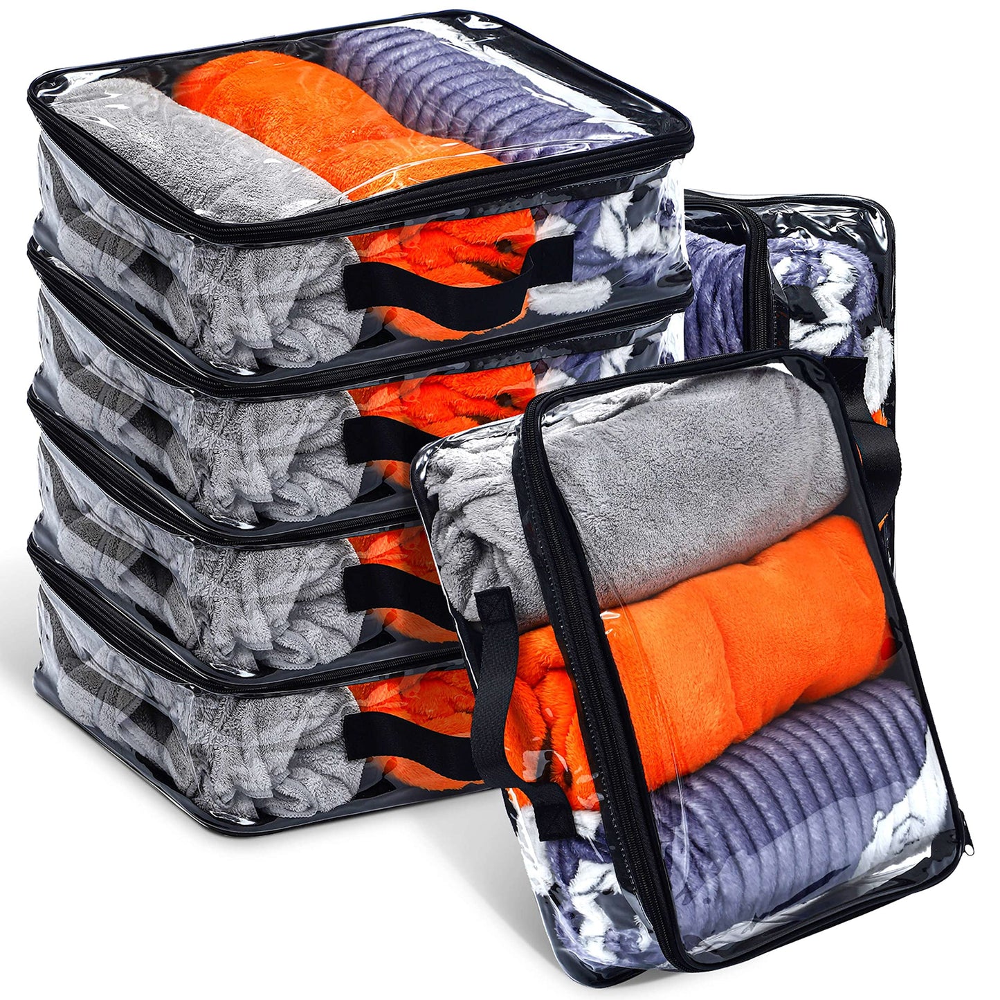 6 Pieces Large Clear Travel Packing Cube Clear Vinyl Zippered Storage Bags See Through Moving Bag PVC Multipurpose Pouch with Handle for Suitcase Shirts Dress Storage (Black, 11.8 x 10.2 x 3.9 Inch)