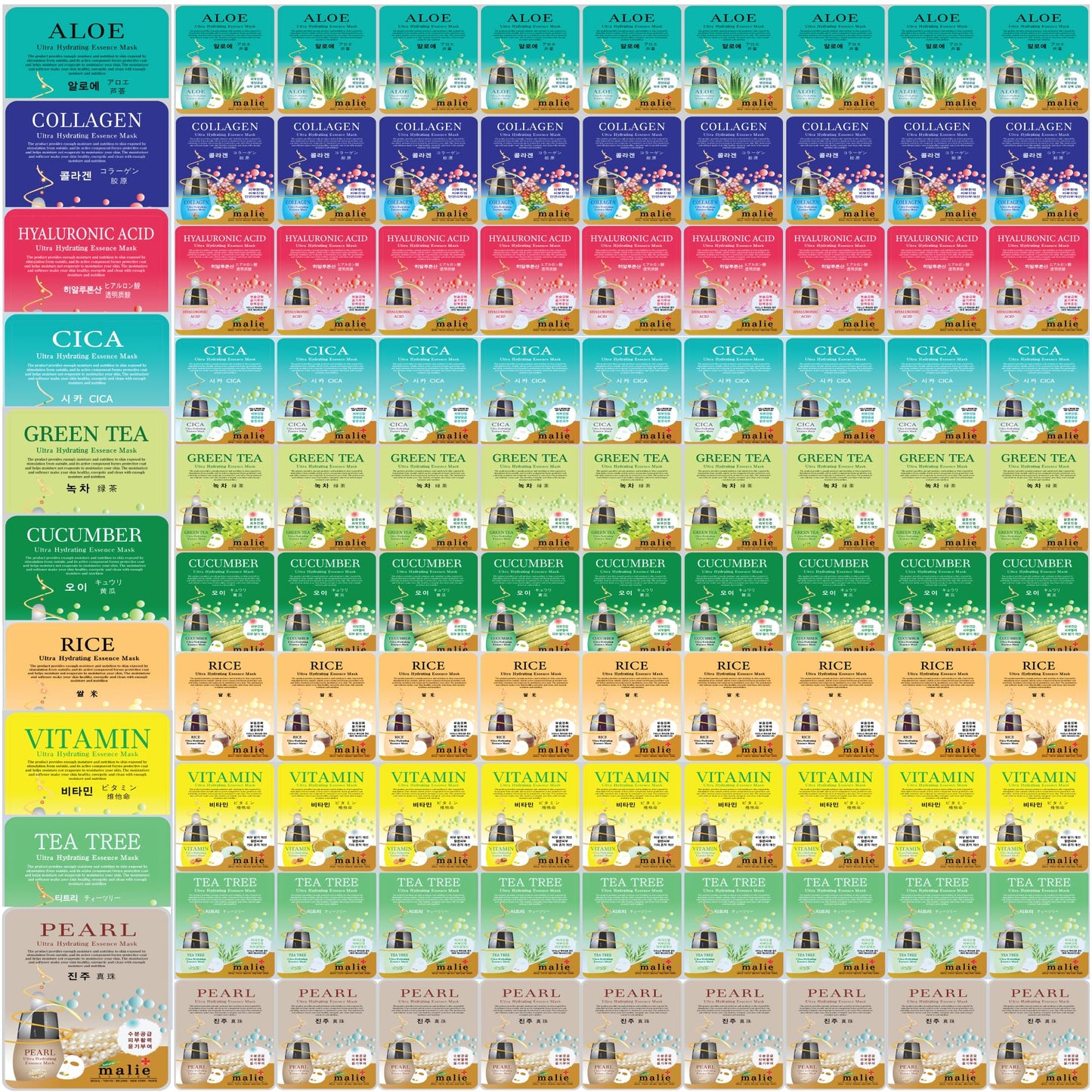 100 pcs Vegan Combo, Ultra Hydrating Essence Mask, Korean Facial Mask Sheet (10 x 10 Types), Made in Korea
