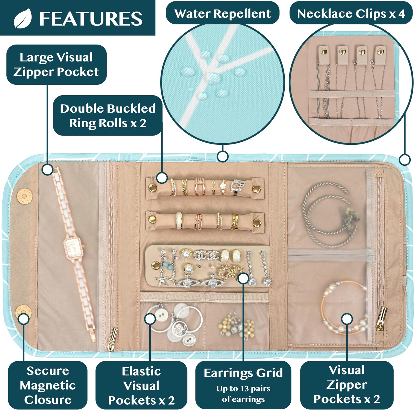 PAVILIA Travel Jewelry Case Organizer, Foldable Jewelry Travel Roll Bag, Small Jewelry Travel Pouch Wallet for Earrings, Rings, Necklaces, Bracelets, Travel Packing Accessories (Chevron Teal)