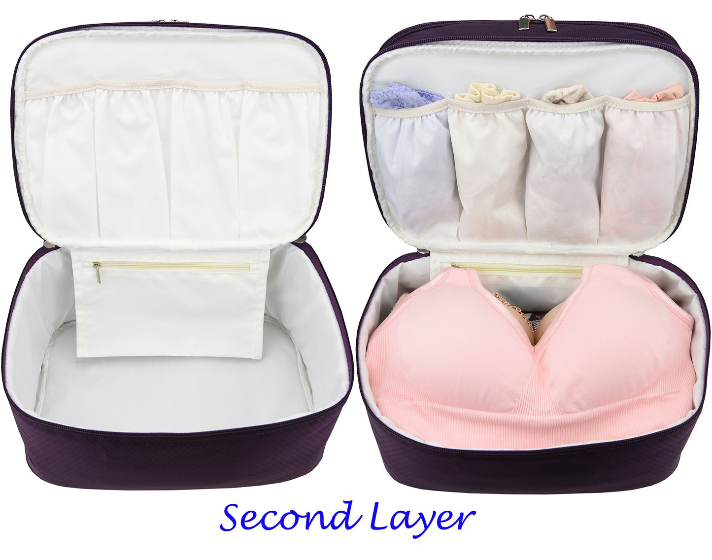 Travel Organizer Underwear Bag - Large Double Layer Packing Storage Bag - Fits Large Bra, Socks, Underpants, Cosmetic, Toiletry Kit (Purple)