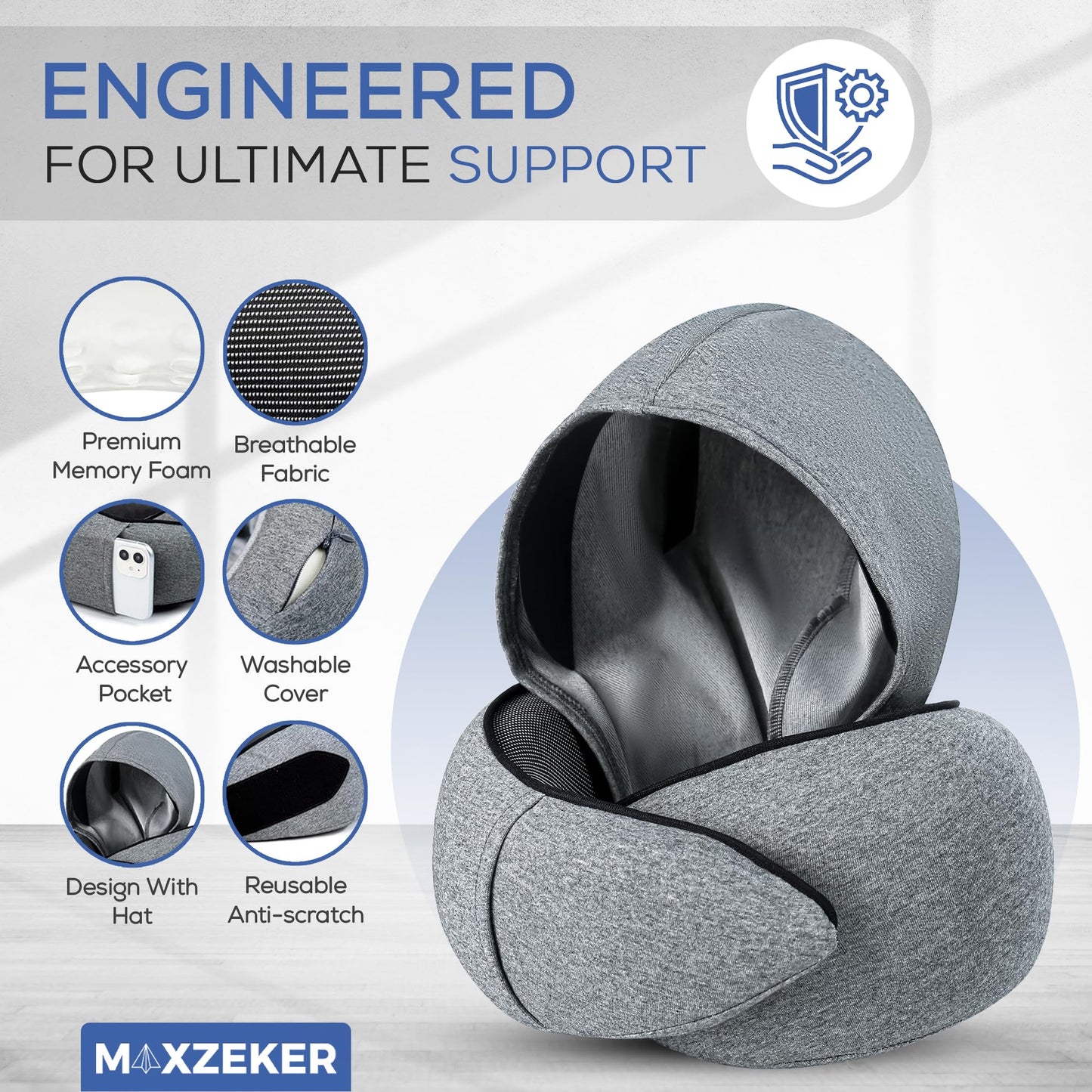Maxzeker Airplane Pillow For Long Flight - Memory Foam Travel Pillow. Washable, Comfortable Breathable Cover. Carry Bag.Travel Neck Pillows For Airplanes, Best For Fong Flights, Home Use And Car Rides