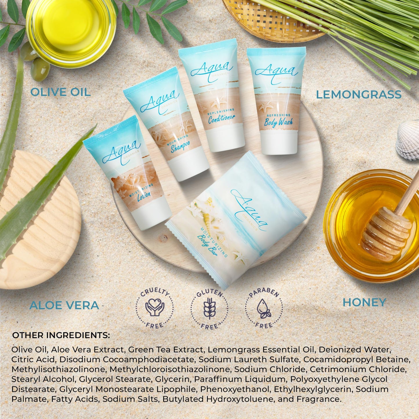 1-Shoppe Aqua Organics Amenity Kit | Boxed Hotel Toiletries Bulk Set | 1 oz Shampoo, Conditioner, Lotion, Body Wash & Bar Soap | 5 piece set