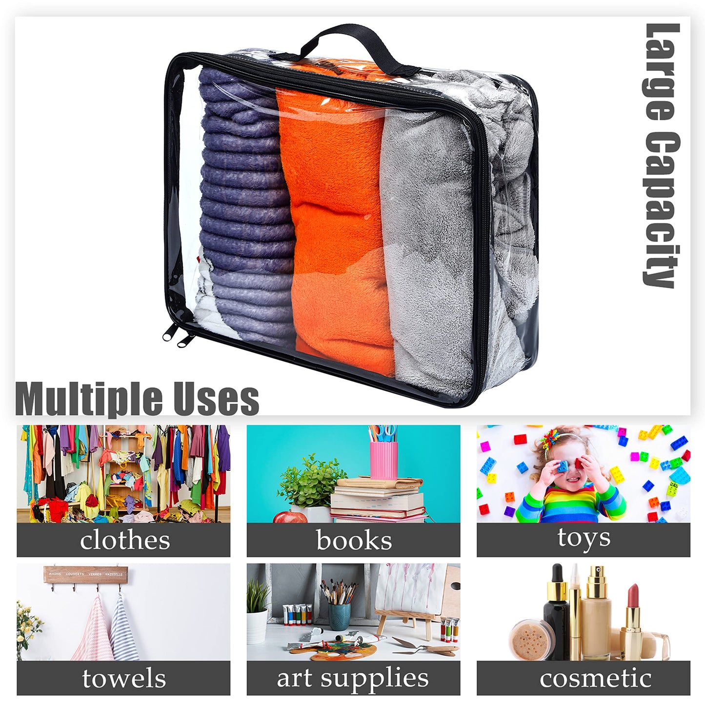 6 Pieces Large Clear Travel Packing Cube Clear Vinyl Zippered Storage Bags See Through Moving Bag PVC Multipurpose Pouch with Handle for Suitcase Shirts Dress Storage (Black, 11.8 x 10.2 x 3.9 Inch)