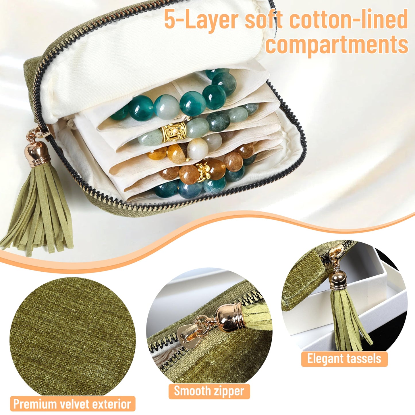 LOTOFUN Jewelry Organizer Case for Travel: 5-Layer Velvet Zipper Pouch Bag for Bangles Link Bracelets Storage Protect from Tangle Scratch (Avocado Green)