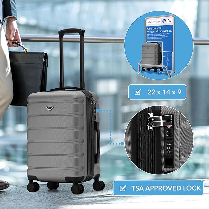 22x14x9" Expandable Carry On Suitcase Hardside TSA Lock USB C Port Lightweight Luggage Silent Double Spinner Wheels Maximum Overhead Carry-On Bag For American & United Approved Airlines