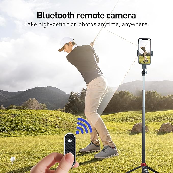 62" Phone Tripod & Selfie Stick for Golf Training, Extendable Cell Phone Tripod Stand with Wireless Remote and Phone Holder, Golf Training Aid - Compatible with iPhone Android iPhone