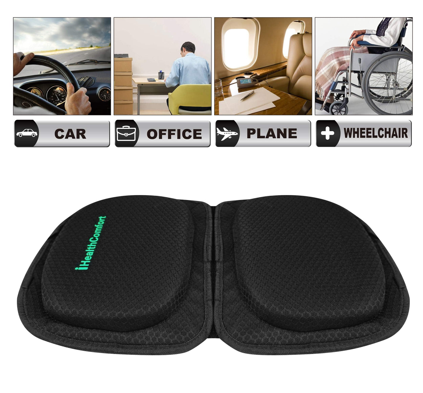 IHEALTHCOMFORT Small Travel Seat Cushion,Gel Memory Foam Seat Cushion,Supportive Butt Pillow,Portable and Foldable for Long Sitting Hours on Stadium Airplane Car Seat