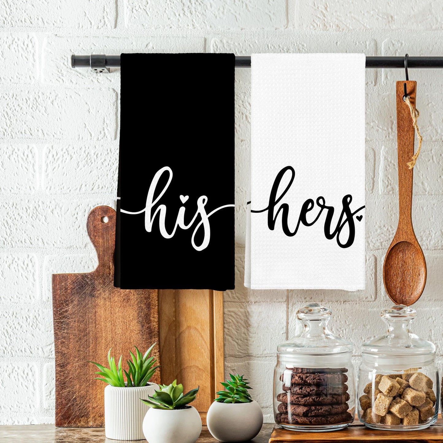 WAITPI His and Hers Valentines Day Bathroom Kitchen Towels Set of 2, His and Hers Gifts Hand Towels for Couple Bride Wedding Honeymoon, Black and White Decorative Tea Dish Towels for Kitchen 16x24in