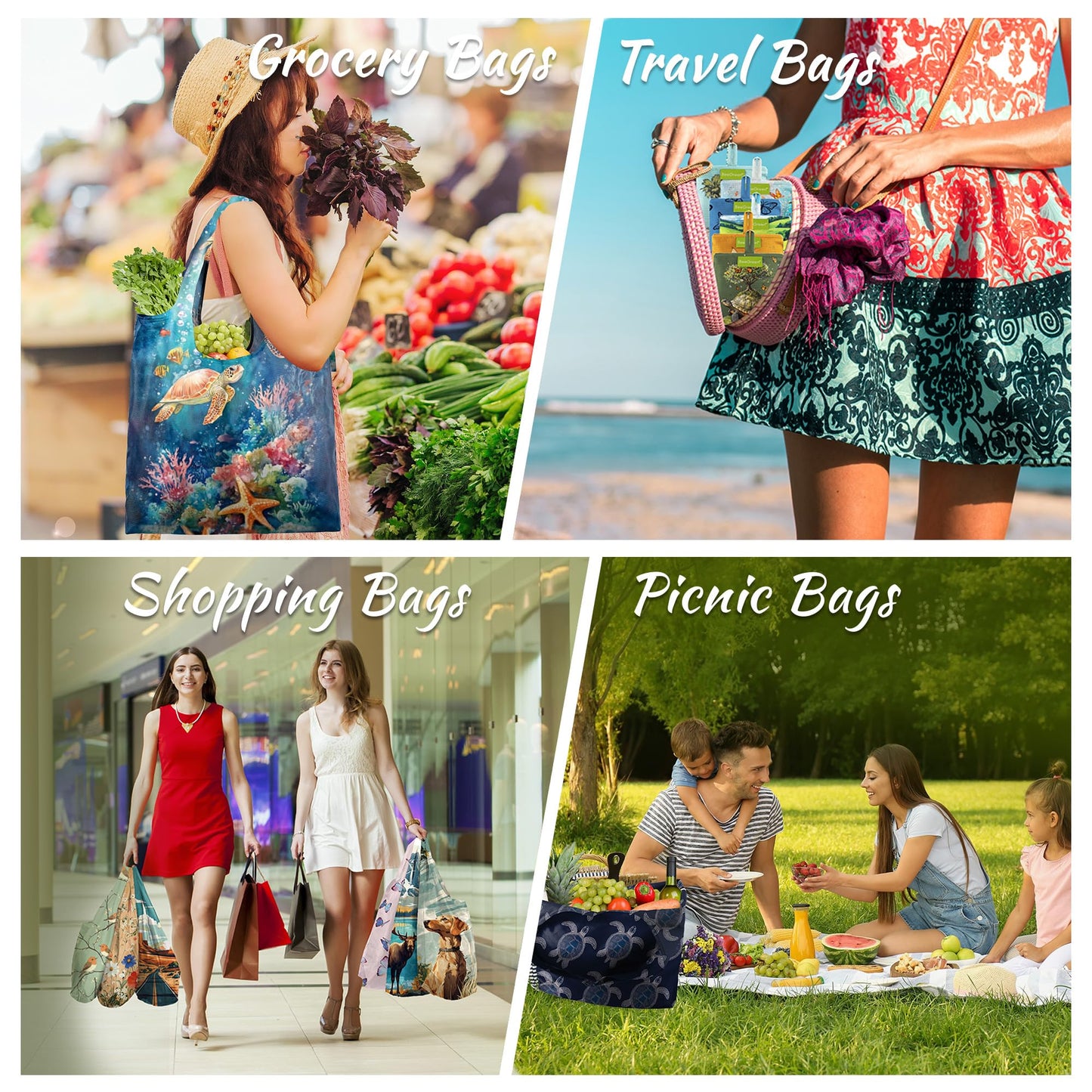 BeeGreen Reusable Grocery Bags 6 Pack, Heavy Duty Totes for Women, Foldable Grocery Bag Large Shopping Totes with Handles for Work, Travel, Gift, Store, Polyester Washable Reusable Tote Bag