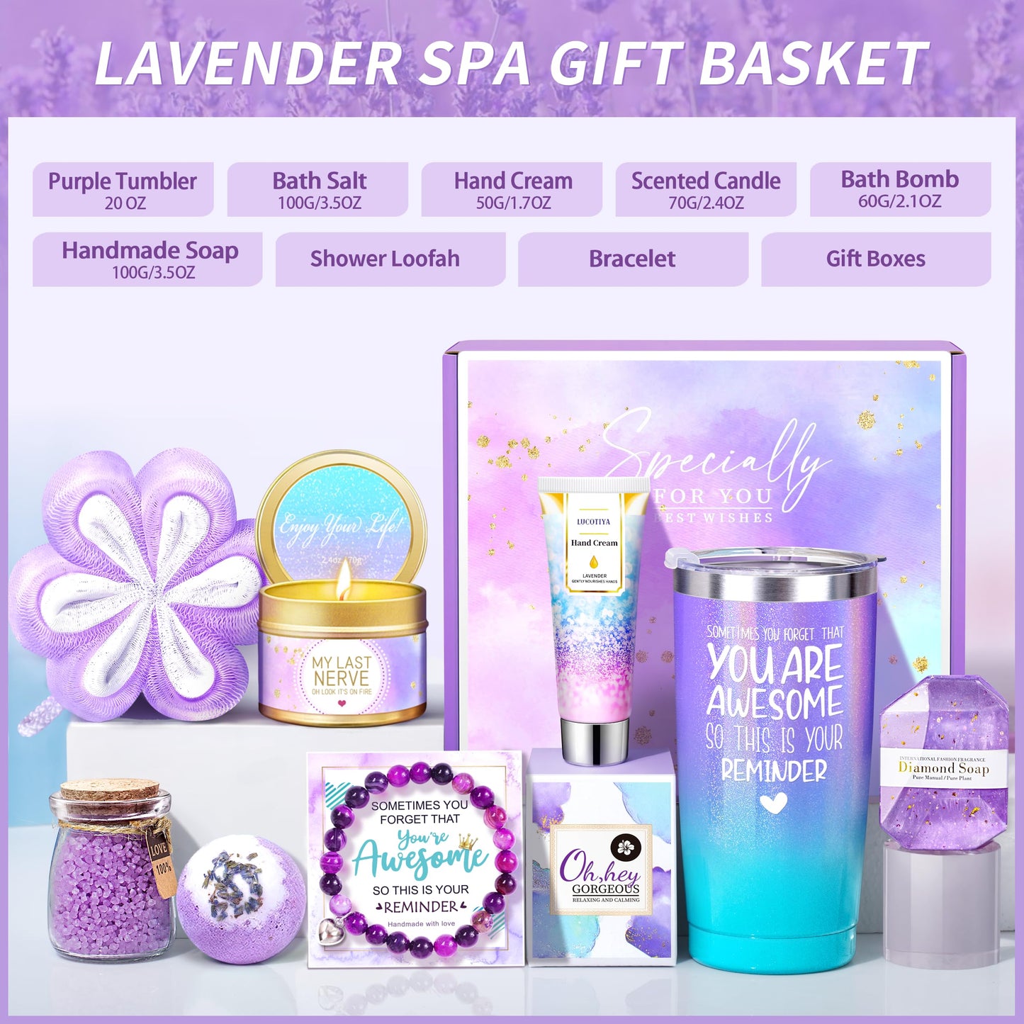 Gifts for Women, Birthday Gifts for Women, Sister, Wife, Teacher, 9pcs Lavender Care Package Gifts Set, Get Well Soon Gifts for Woman, Thinking of You Gift ,Christmas Gift Sets for Her