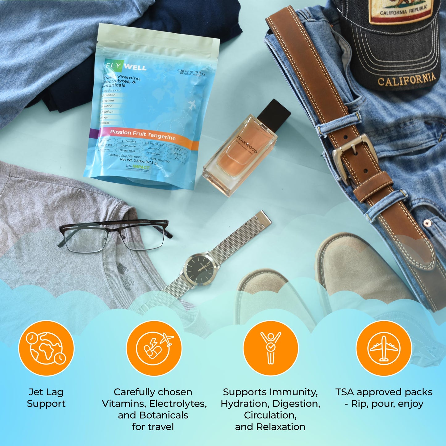 FlyWell Travel Vitamin Tonic for Flight, Jet Lag, Hydration, Circulation, Digestion & Immune Support, Promotes Calmness, Electrolyte Powder, Travel Essentials, Passion Fruit Tangerine, 15 Sticks
