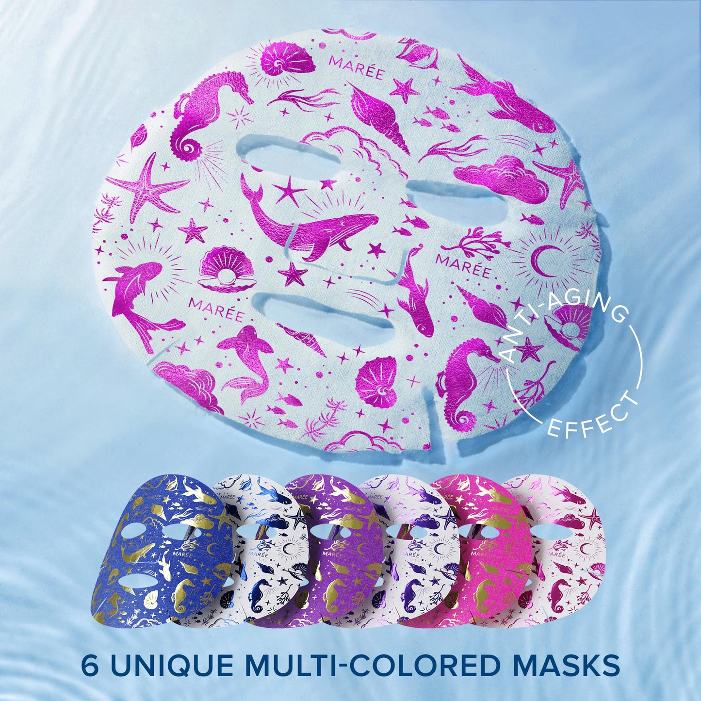 MAREE Collagen Facial Mask with Hyaluronic Acid — Sheet Face Mask Skincare — Centella Asiatica, Green & Red Algae Extract — Hydrating Facemask For Women Skin Care — Mascarillas Para La Cara — 6 Count