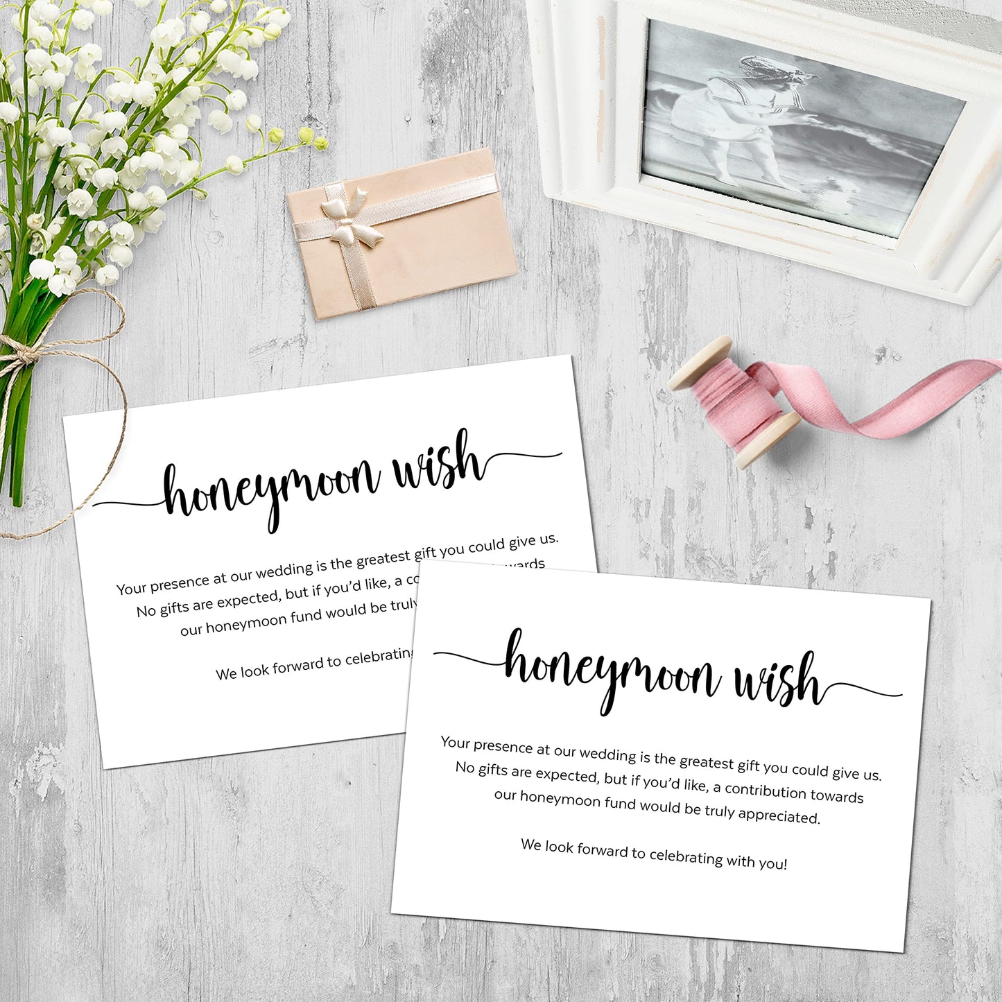 321Done Honeymoon Wish Cards, Made in USA - White, 3.5x5 Small - No Gifts Request Wedding, Invitation Insert, Enclosure Card, No Gifts Please, Wishing Well, Honeymoon Fund - Set of 50