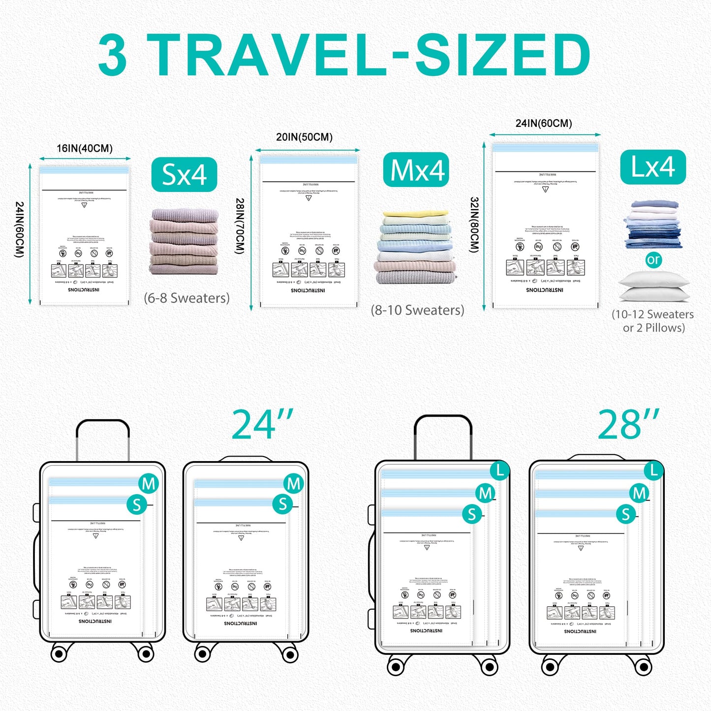 ZOESTORAGE 12 Pack Travel Vacuum Storage Bags with Portable Electric Pump, Vacuum Seal Space Saver Bags for Clothing, Compression Vacuum Bags for Travel Luggage Blankets(4 Large, 4 Medium, 4 Small)