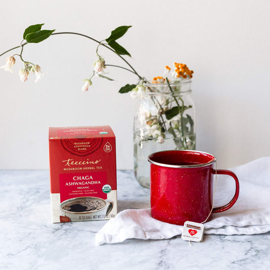 Teeccino Chaga Ashwagandha Tea - Butterscotch Cream - Organic Mushroom Adaptogenic Herbal Tea, 3x More Herbs than Regular Tea Bags, Prebiotic, Caffeine Free, Gluten Free - 10 Tea Bags