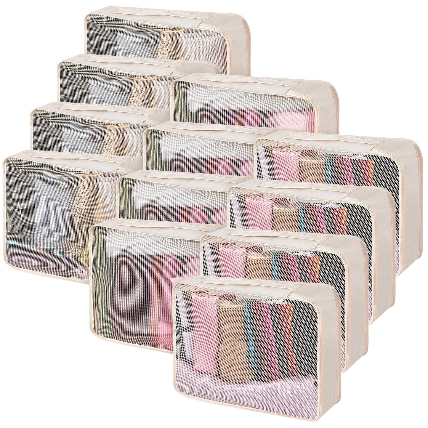 Silkfly 12 Pcs Packing Cubes for Suitcase Travel Luggage Bags Bulk Mesh Organizer Set for Hiking Camping Backpacking Clothes Accessories (Khaki)