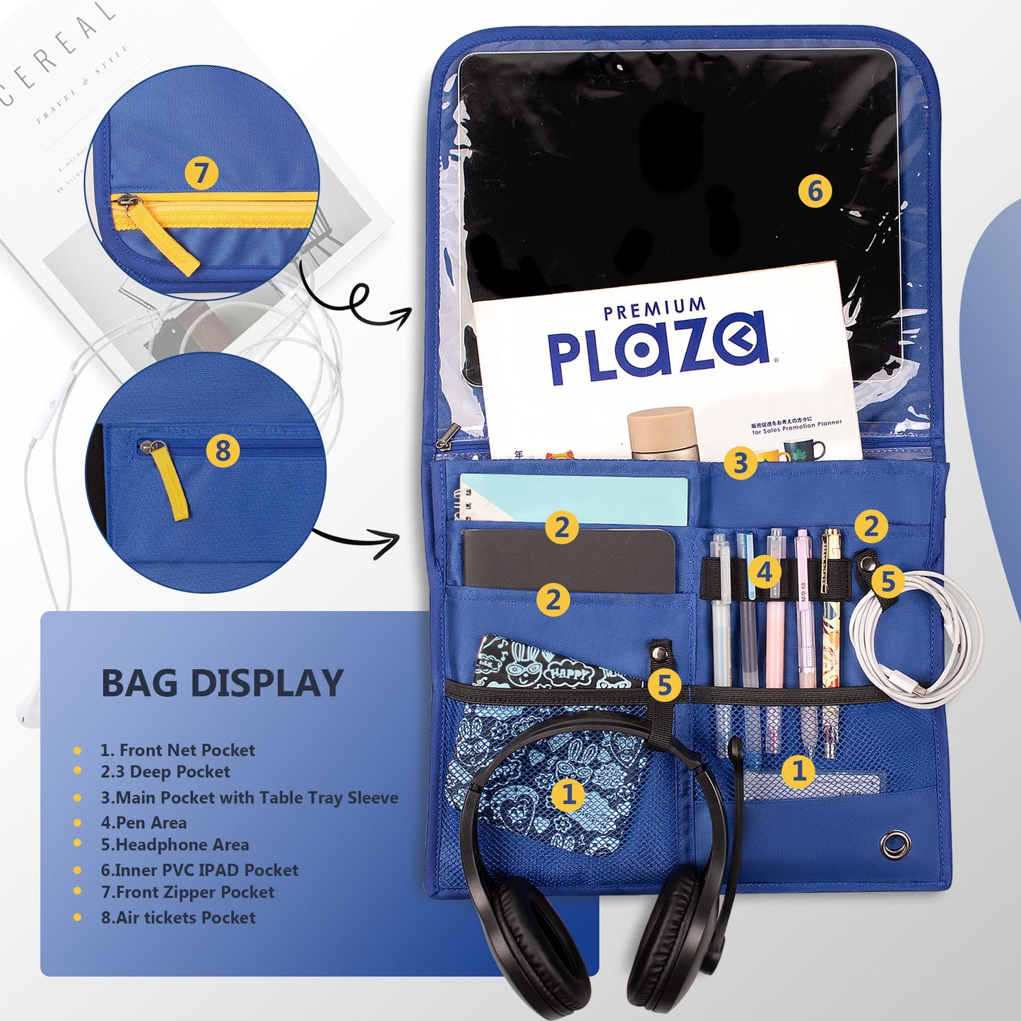 Airplane Pocket Organizer with Tray Table Cover,Portable In Flight Seat Back Organizer & Storage Bag, Commuter Essential Travel Bag Travel Accessories for Flying,Blue (Blue)