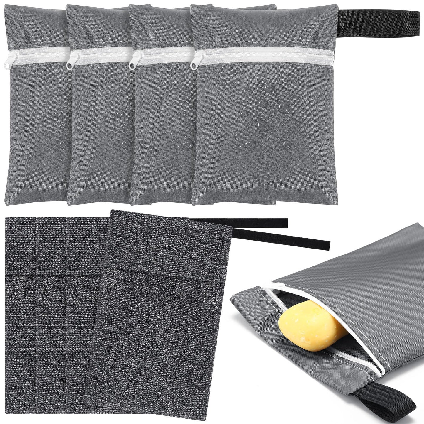 Reallnaive 8 Pcs Travel Soap Bar Bag Set, 4 Waterproof & Leakproof Soap Dish Case 4 Foaming Nets Multifunctional Toiletry Shower Gym Essentials Quick Dry Pouch for Camping Enthusiasts(Gray)