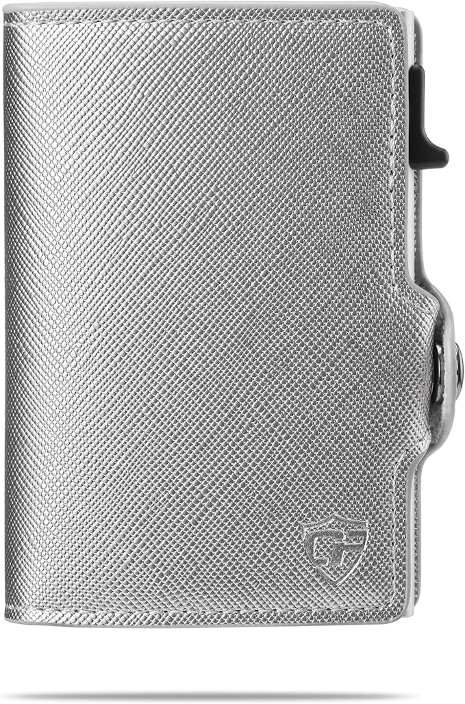 Card Blocr Womens Slim Wallet for Small Purses, Pop Up Wallet with Anti Theft RFID Blocking Credit Card Holder for Women in Platinum PU Saffiano Leather