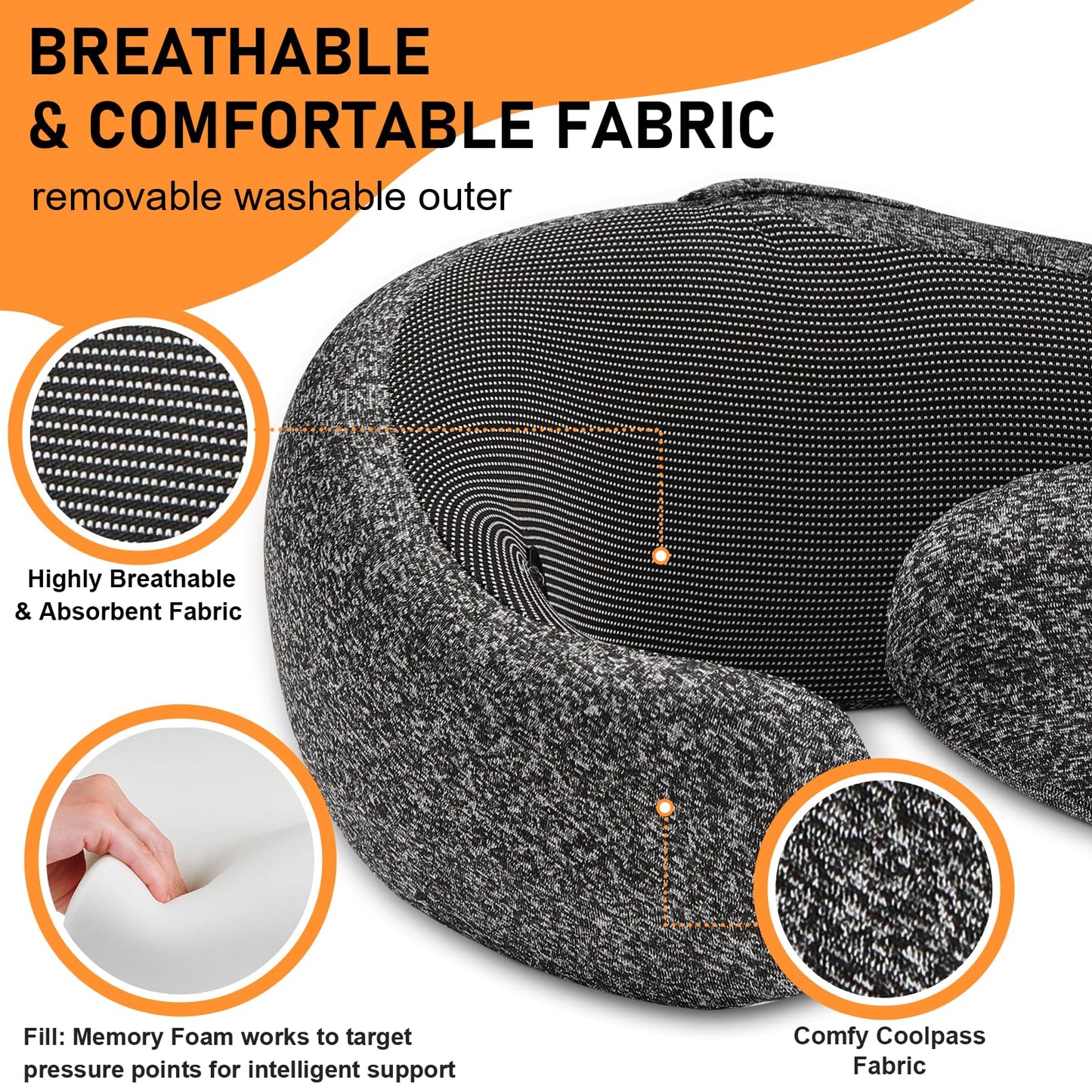 Vzpeun Travel Pillow - Hooded Neck Pillow Airplane Memory Foam Filling for Plane, Office, Cars Sleeping, Road Trip, Long Flights, Portable Plane Accessories, Includes Eye Mask & Earplugs (Dark Gray)