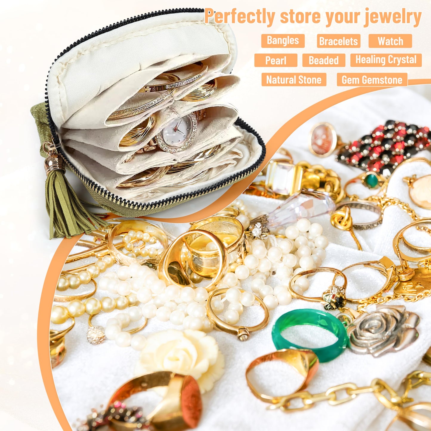 LOTOFUN Jewelry Organizer Case for Travel: 5-Layer Velvet Zipper Pouch Bag for Bangles Link Bracelets Storage Protect from Tangle Scratch (Avocado Green)