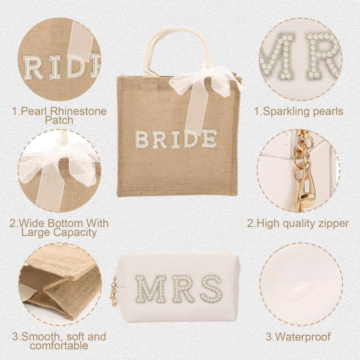 TURAOHU 4 Pcs Bride to Be Gift Set - Bride Tote Bag for Wedding Day, MRS Cosmetic Bag, Bridal Sunglasses, Eye Mask for Bachelorette Party Engagement Honeymoon Bridal Shower Gift