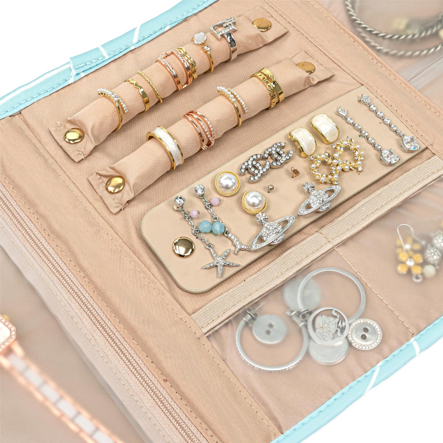 PAVILIA Travel Jewelry Case Organizer, Foldable Jewelry Travel Roll Bag, Small Jewelry Travel Pouch Wallet for Earrings, Rings, Necklaces, Bracelets, Travel Packing Accessories (Chevron Teal)