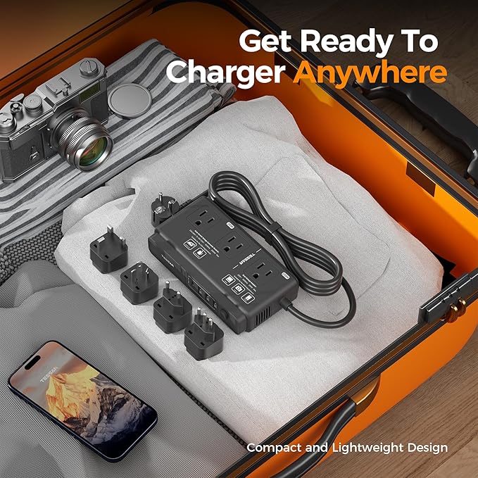 220V to 110V Converter, TESSAN Travel Voltage Converter with 4 USB Ports (1 USB C), 3 AC Outlet and EU UK AU IT Universal Travel Adaptor, Step Down Transformer Power Outlet Adapter Combo Black