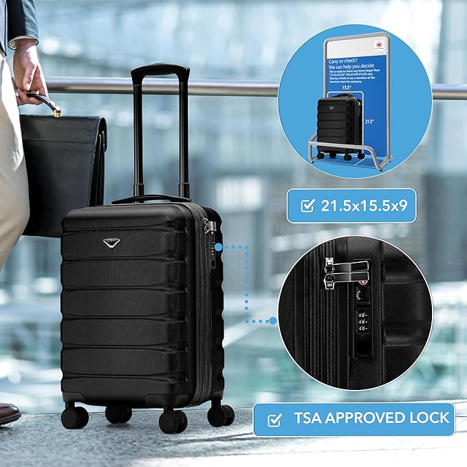 Carry On Suitcase Hardside TSA Lock & USB Port Silent Double Spinner Wheels Maximum Carry-On Bag For Canada Air Approved Airlines( 21.5x15.5x9" ,Black )