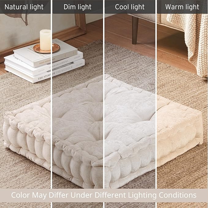 Intelligent Design Azza Floor Pillow, Large Cushions Sitting for Adults, Floor Pillow for Meditation or Yoga, Lustrous Chenille Tufted with Scalloped Edges for Bench/Chair Cushion, 20"x20"x5" Ivory