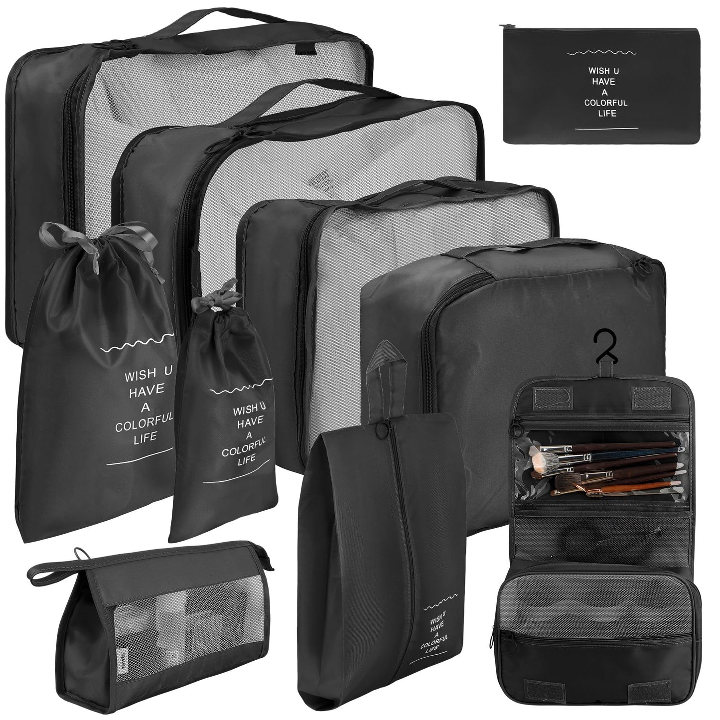 10 Set Packing Cubes for Travel - Black Suitcase Organizer With Toiletry Bag, Mesh Breathable Luggage Organizer Bags, Travel Essentials for Women Accessories