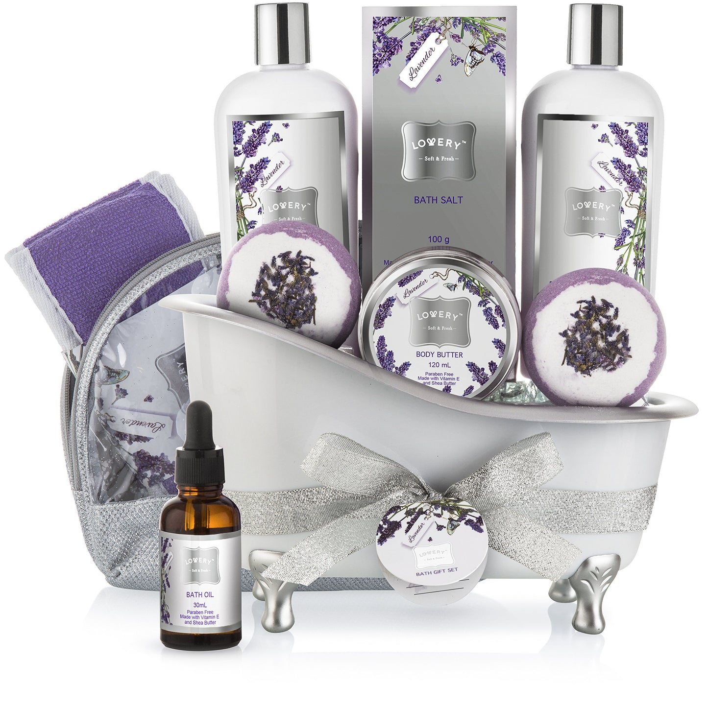 Bath Gift Basket Set for Women: Relaxing at Home Spa Kit Scented - Lavender and Jasmine with Large Bath Bombs, Salts, Shower Gel, Body Butter Lotion, Bath Oil, Bubble Bath, Loofah & More