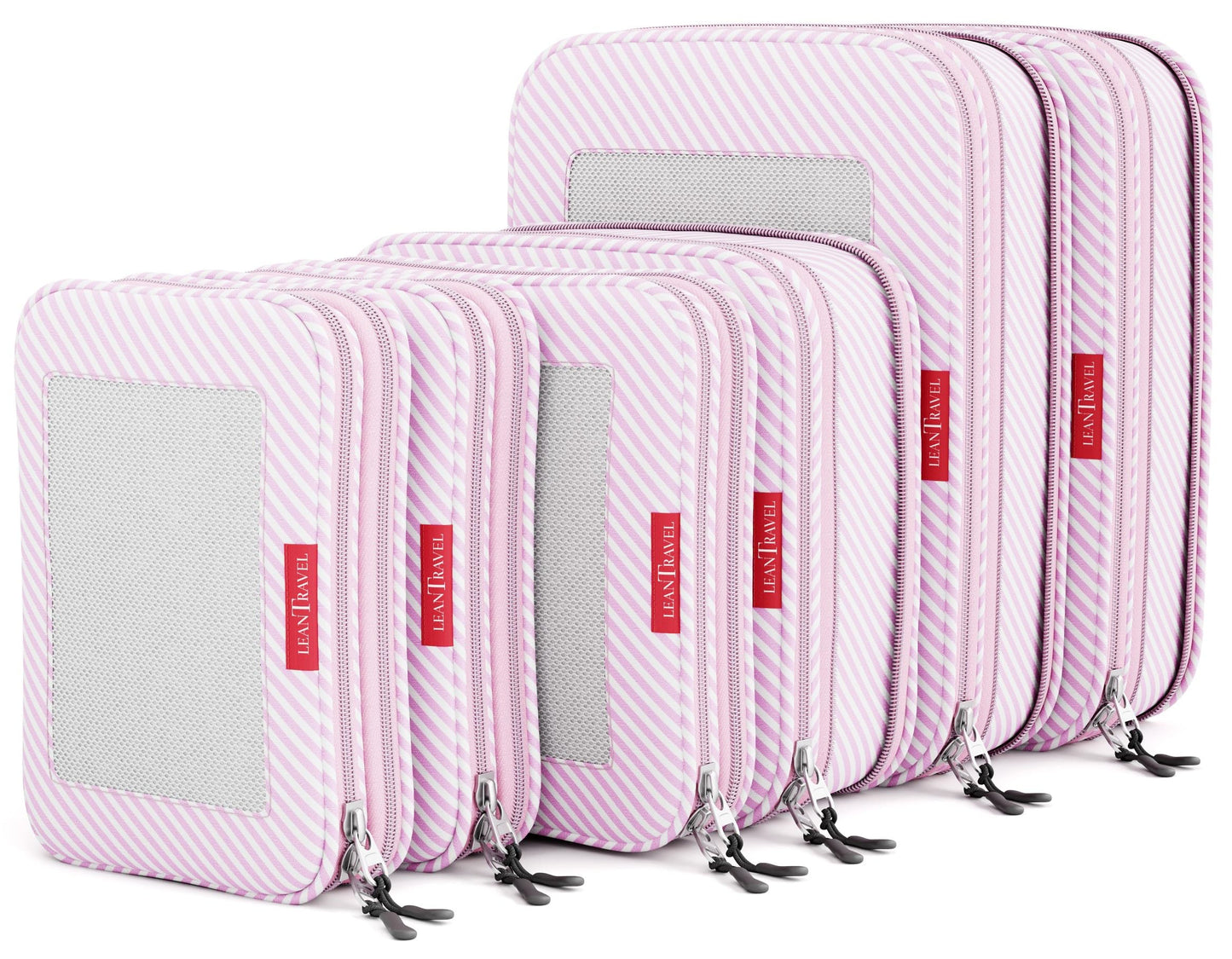 LeanTravel Compression Packing Cubes for Travel Organizers with Double Zipper (6-Pack (2L+2M+2S), Pink Stripes)