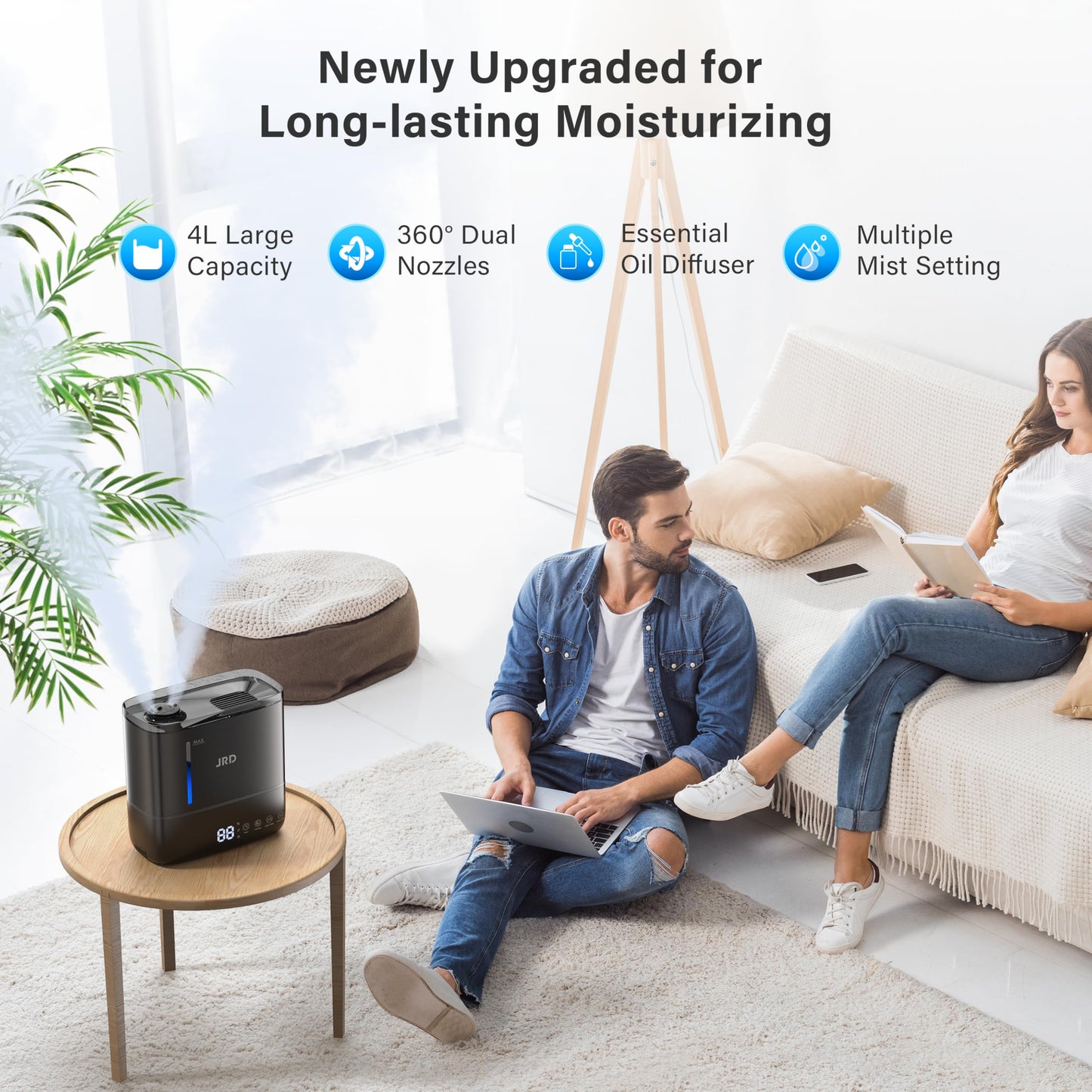 JRD Top Fill 4L Humidifiers for Bedroom, Cool Mist Humidifiers for Large Room, 40H Runtime, 360° Nozzle, Essential Oil Diffuser, Ultrasonic Humidifier for Home Baby Plants