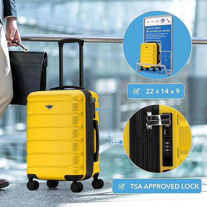 Carry On Suitcase Hardside Built In TSA Lock & USB Port Silent Double Spinner Wheels Maximum Overhead Carry-On Bag For American & United Approved Airlines( 22x14x9" ,Yellow )
